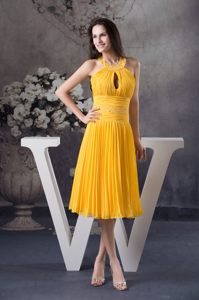 Beaded and Ruched Halter Pleated Yellow Dresses for Prom Princess