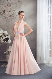 Plunging Neckline Cap Sleeves Baby Pink Dress for Prom Princess