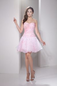 Sweetheart Ruched and Flowery Organza Senior Prom in Baby Pink