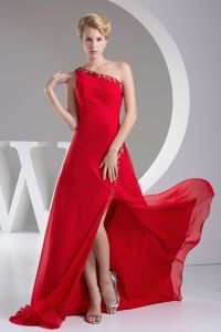 2014 Best one Shoulder Slitted Appliqued Red Dress for Prom