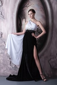 Customized one Shoulder White and Black Beaded Prom Dress