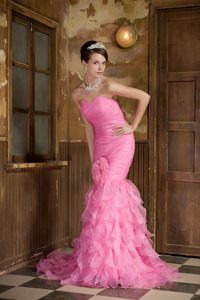 Cheap Mermaid Rose Pink Ruffled Junior Prom Dress with Flower
