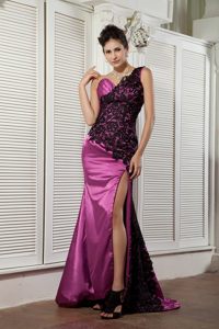 Lace Decorated One Shoulder Prom Party Dresses High Slit in Uberaba