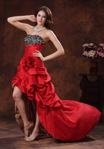 Red High-low Pick-ups Prom Gown Dress Leopard Hand Made Flowers