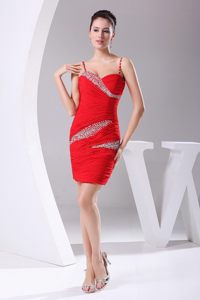 Sexy Spaghetti Straps Beaded Prom Gown with Ruches in Red