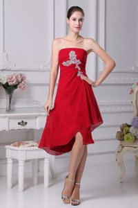 Strapless Asymmetrical Wine Red 2013 Prom Dress with Appliques