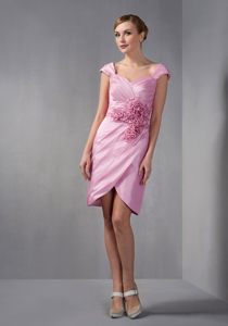 Rose Pink Cap Sleeves Ruching and Flowers Prom Gown in Archbold
