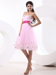 Prom Dress in Baby Pink with Sequins and Hot Pink Sash to Knee Length