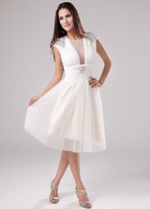 Deep Neck Covered Tulle Scoop Tea-length Beading Prom Dress