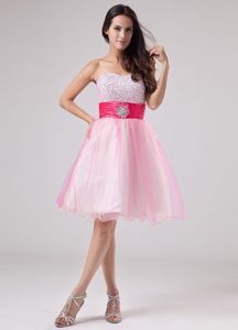 Beading Top Mini Prom Dress in Pink with Coral Red Sash and A-Line