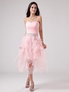 Baby Pink Ruffles Beaded Decorated Sash and Ruching Prom Dress