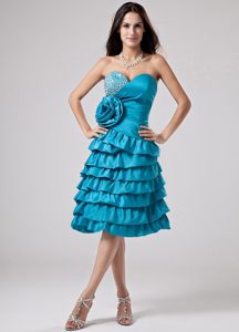 Teal Ruffled Layers Prom Dress with Hand Made Flower on the Waist