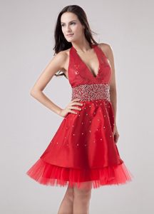 Red Halter Prom Dress Accent for Beaded Sash and Sequin Bodice