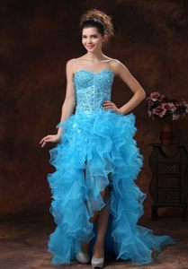 High-low Aqua Blue Prom Dress with Rhinestones Ruffled Layers