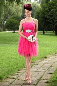 Hot Pink Empire Spaghetti Straps Mini Tulle Sash Prom Party Dress