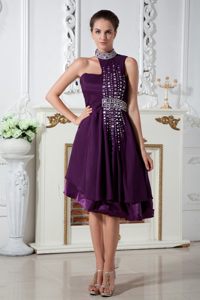 Dark Purple Beading High Neck Asymmetrical Prom Dress in Cumbria