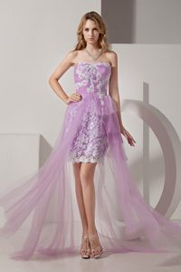 Lavender High-low Taffeta and Tulle Prom Dress with White Appliques