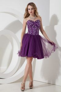 Purple A-line Short Prom Dress with Beading Bodice to Knee-length