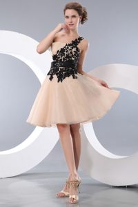Champagne One Shoulder Prom Gown Dress with Black Appliques