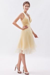 Gold A-line Halter Ruching Prom Dress with Knee-length in Durham