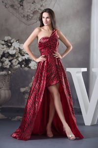 Red Zebra One Shoulder Brush Train Prom Dress with Appliques