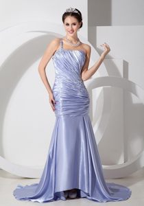 Sweep Train Ruched Prom Party Dress Beaded One Shoulder Lavender