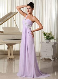 One Shoulder Appliques Prom Graduation Dresses Sweep Train in Lilac