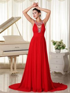 Sexy Zipper-up Red Beaded Neckline Prom Gowns Chiffon Brush Train