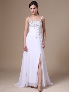 Delish Prom Holiday Dress Beading Straps with Slit on the Side in White