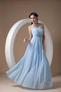 Elegant Light Blue Chiffon Strapless Prom Dresses Ruching and Beading