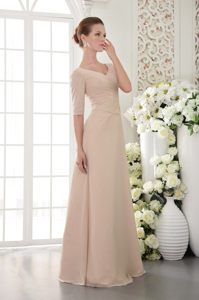 Champagne V-neck Long Prom Theme Dresses with Half Sleeves 2014