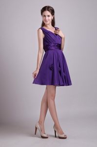 Ruched V-neck Sash Flowers Prom Theme Dresses of Purple Chiffon