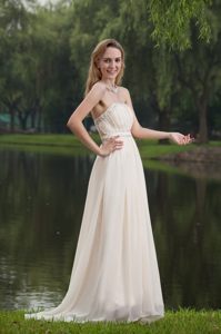 Beaded and Ruched White Chiffon Prom Theme Dresses with Brush Train