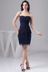 Ruched Chiffon and Lace Navy Blue Prom Theme Dresses Mini Length