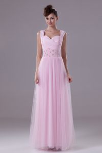 Baby Pink Chiffon and Tulle Straps Beaded Prom Nightclub Dress