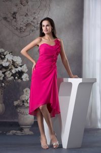 Flowery One Shoulder Hot Pink Prom Cocktail Dresses with Ruches