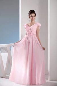 Cap Sleeves Ruches Beading Chiffon Pink Long Prom Cocktail Dress