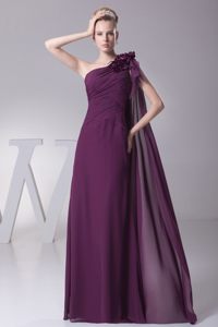 Flowery One Shoulder Ruched Prom Maxi Dress in Dark Purple 2014