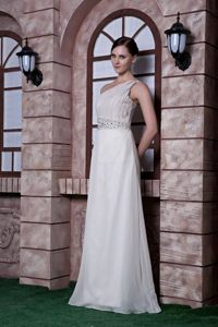 Beaded and Ruched One Shoulder Prom Maxi Dress of White Chiffon