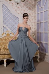 Gray Strapless Brush Train Prom Maxi Dress with Beading Ruches