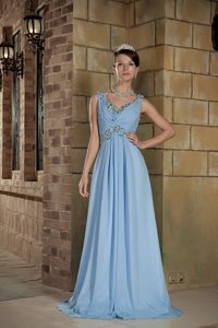 Appliqued and Beaded V-neck Prom Maxi Dress in Light Blue 2014