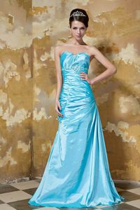 Beading and Ruches Accent Taffeta Prom Party Dress in Aqua Blue