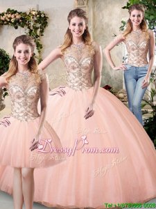 Fashionable Beading Sweet 16 Dresses Peach Lace Up Sleeveless Floor Length
