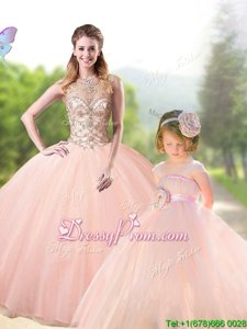 Customized Peach Sleeveless Floor Length Beading Lace Up 15th Birthday Dress