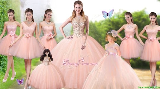Sophisticated Peach Lace Up High-neck Beading Quinceanera Dresses Tulle Sleeveless
