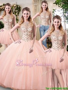 Best Selling Peach Quinceanera Dress Military Ball and Sweet 16 and Quinceanera and For withBeading Scoop Sleeveless Lace Up