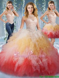Dazzling Multi-color Halter Top Neckline Beading and Ruffles Quinceanera Gowns Sleeveless Lace Up