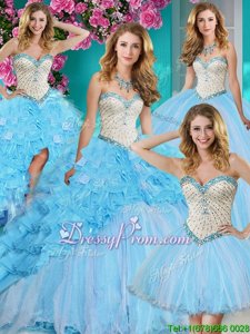 Noble With Train Ball Gowns Sleeveless Baby Blue Ball Gown Prom Dress Brush Train Lace Up