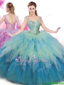 Delicate Beading and Ruffles Quinceanera Dress Multi-color Lace Up Cap Sleeves Floor Length