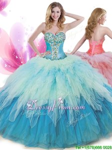 Excellent Sweetheart Sleeveless Tulle Vestidos de Quinceanera Beading and Ruffles Lace Up